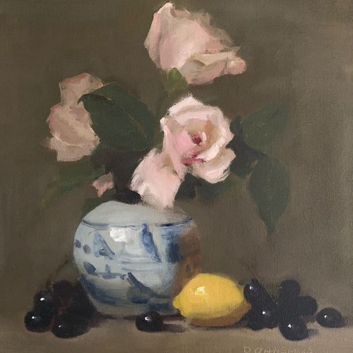 Pink Roses, Blue Vase